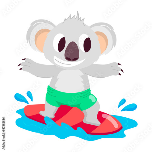A flat sticker of koala surfing 

