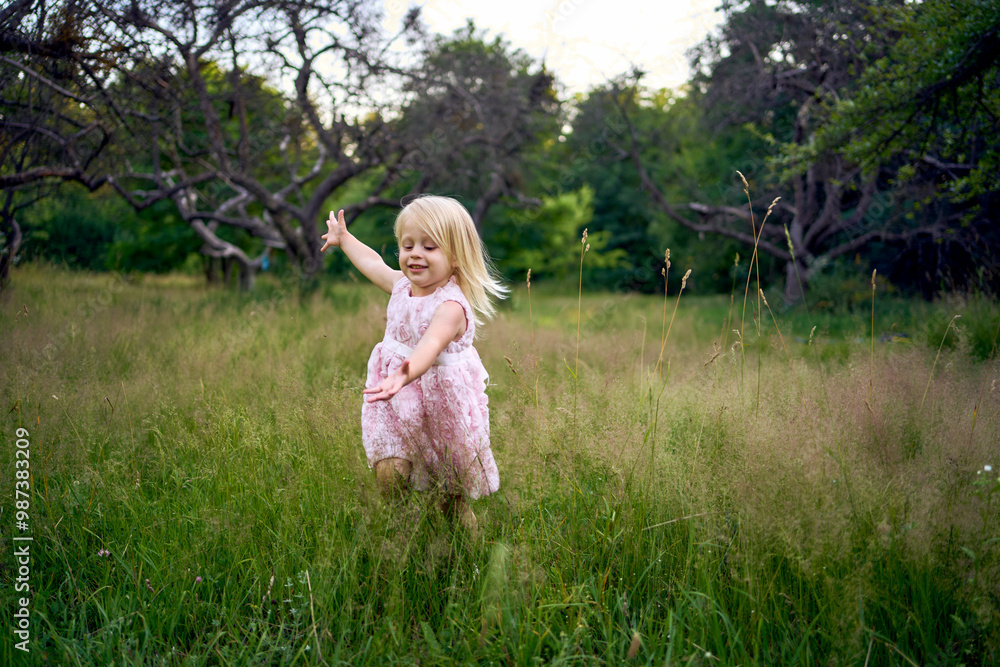 a toddler in a pink cloud of a dress runs like an airplane in the garden a toddler in a pink cloud of a dress runs like an airplane in the garden