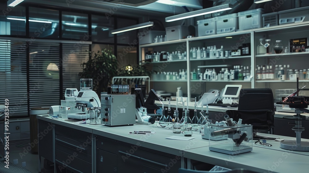A professional and organized office with a synthetic biology lab and engineered organisms A professional and organized office with a synthetic biology lab and engineered organisms