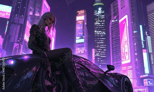 Cyberpunk Cityscape with Woman and Car
