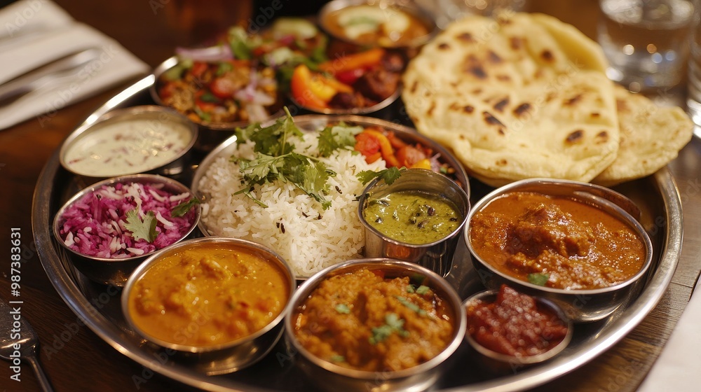 A beautifully arranged thali featuring a variety of traditional Indian dishes, including curry, rice, naan, and chutneys, showcasing the rich diversity of flavors. A beautifully arranged thali featuring a variety of traditional Indian dishes, including curry, rice, naan, and chutneys, showcasing the rich diversity of flavors.