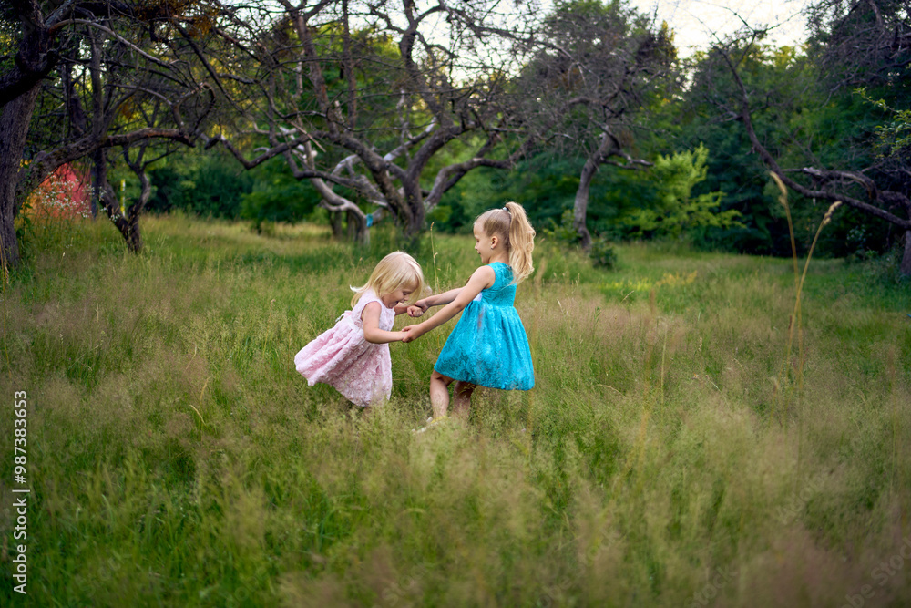 little sisters in dresses playing together in the tall grass little sisters in dresses playing together in the tall grass