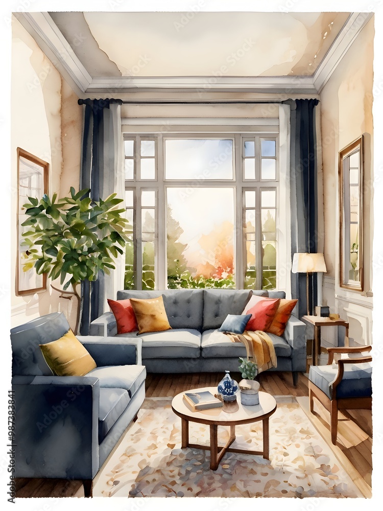 Watercolor Cozy Living Room House Watercolor Cozy Living Room House