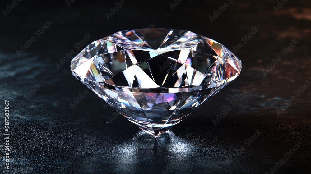 A large loose diamond displayed on a soft black background, with light reflecting off its expertly cut facets
