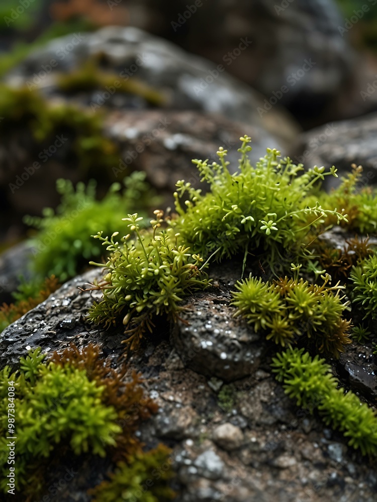 Green moss and small plants on a rock. Green moss and small plants on a rock.