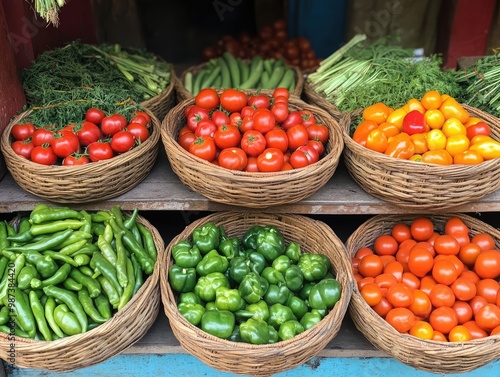 A quaint vegetable stall at a local market, displaying baskets filled with freshly picked vegetables like tomatoes, peppers, and carrots