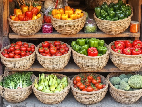 A quaint vegetable stall at a local market, displaying baskets filled with freshly picked vegetables like tomatoes, peppers, and carrots