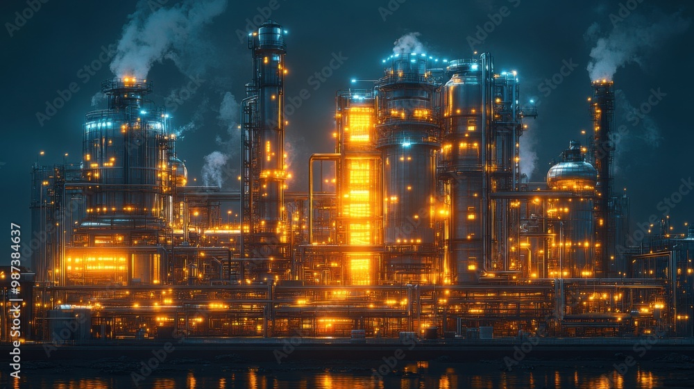 Nighttime Industrial Complex with Glowing Lights Nighttime Industrial Complex with Glowing Lights