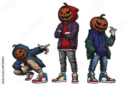 Colorful Hipster Jack-o'-Lantern in Hoodie Line Art - Halloween Characters Vector Illustration Set with Urban Style, Streetwear Vibes, Dynamic Pose, Isolated on White Background