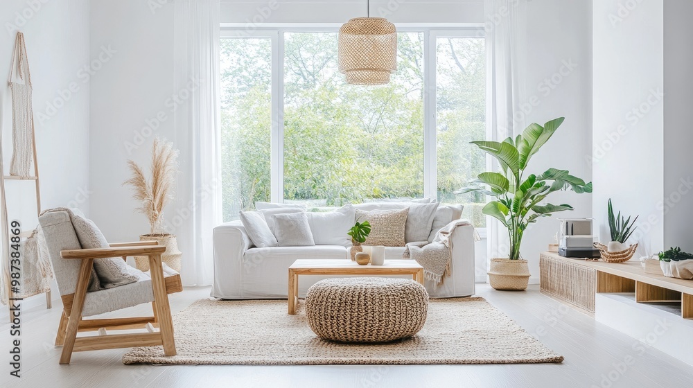 Fototapeta premium A bright, Scandinavian-style living room with white furniture, wooden accents, and large windows letting in natural light, creating a fresh and airy atmosphere.