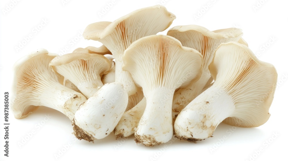 A bundle of king oyster mushrooms arranged in a semi-circle on a white background, emphasizing their uniform size and fresh appearance. A bundle of king oyster mushrooms arranged in a semi-circle on a white background, emphasizing their uniform size and fresh appearance.