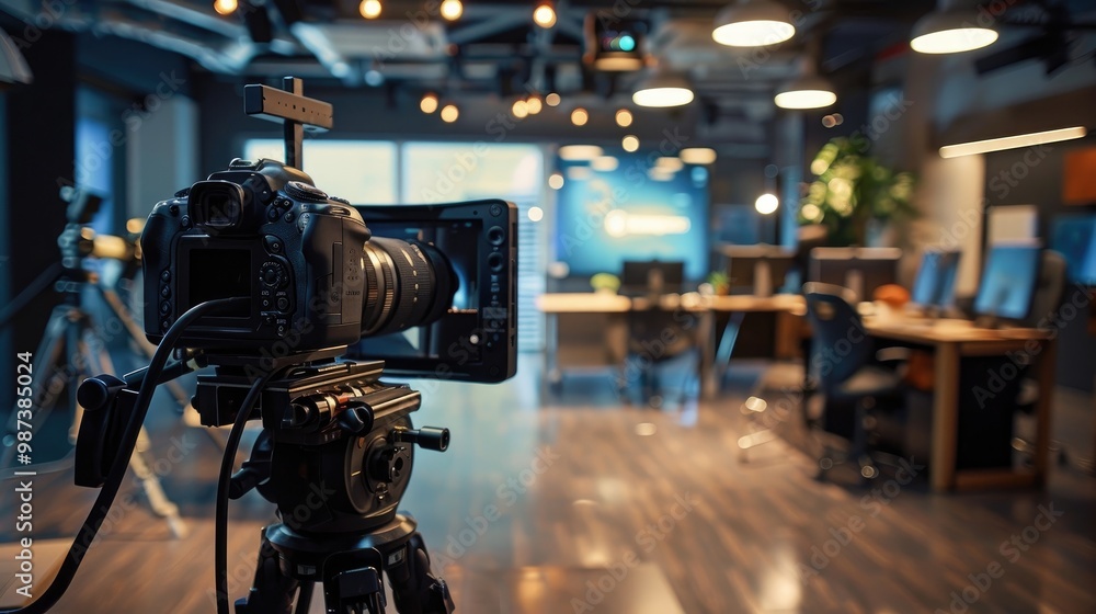 A sleek and modern media company office with cameras and satisfied clients A sleek and modern media company office with cameras and satisfied clients