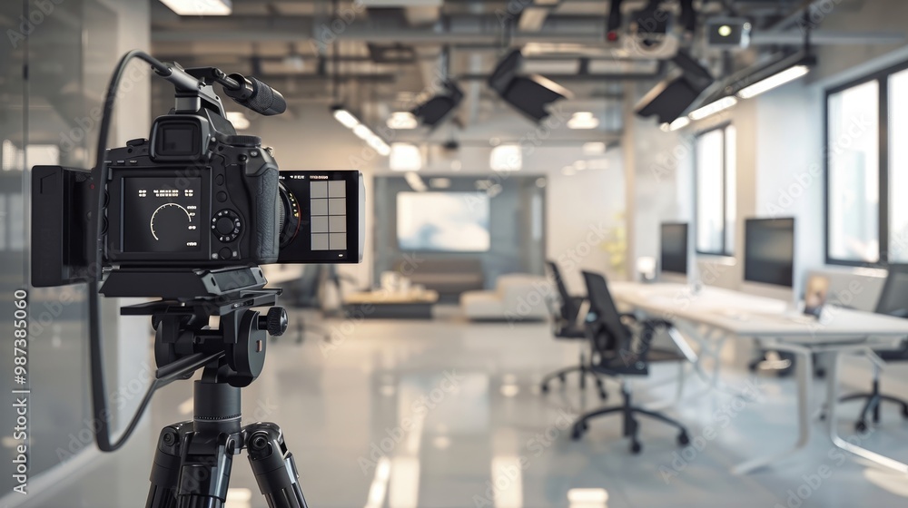 A sleek and modern media company office with cameras and satisfied clients A sleek and modern media company office with cameras and satisfied clients