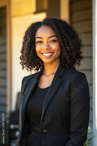 Successful Real Estate Agent Smiling in Front of House