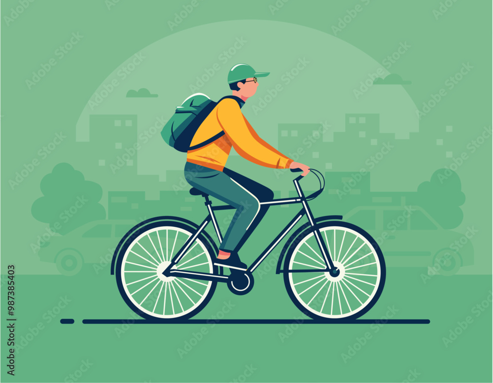 Fototapeta premium Flat Color Vector Illustration of a Man Riding a Bicycle in City Traffic