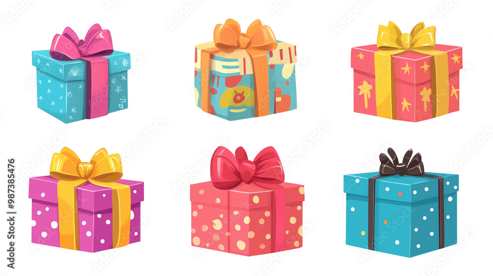 Fototapeta premium set of A stack of colorful wrapped gift boxes isolated on transparent background, illustration. Design element for Christmas card, Christmas greeting card, anniversary card. Invitation card.
