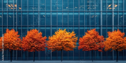 A stunning row of vibrant orange and red autumn trees stands against the backdrop of a modern glass building, creating a striking contrast between natural and urban elements