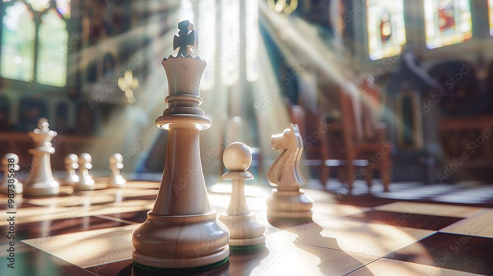 Chessboard with white pieces set up in a church setting Chessboard with white pieces set up in a church setting