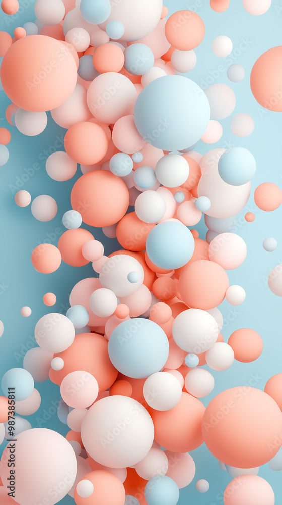 3D rendering of pastel blue peach and white spheres floating in the air 3D rendering of pastel blue peach and white spheres floating in the air