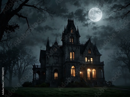 Haunting mansion under a moonlit mist with gothic architecture.