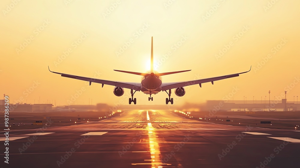 An airplane landing on a runway during sunset. An airplane landing on a runway during sunset.