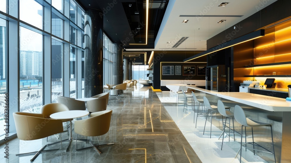 A sleek and modern office with a cafeteria and lounge area for relaxation A sleek and modern office with a cafeteria and lounge area for relaxation