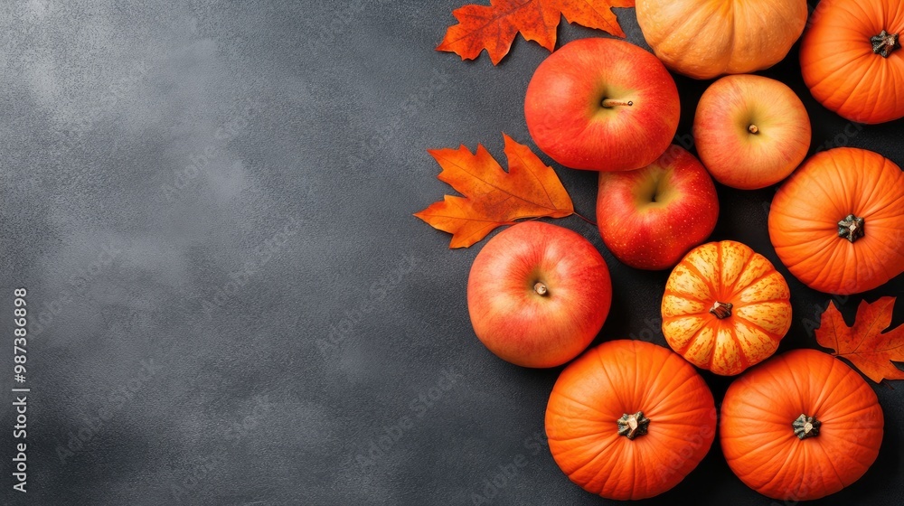 A charming autumn display showcases vibrant pumpkins and red apples surrounded by colorful leaves on a dark stone table, celebrating the fall season beautifully A charming autumn display showcases vibrant pumpkins and red apples surrounded by colorful leaves on a dark stone table, celebrating the fall season beautifully