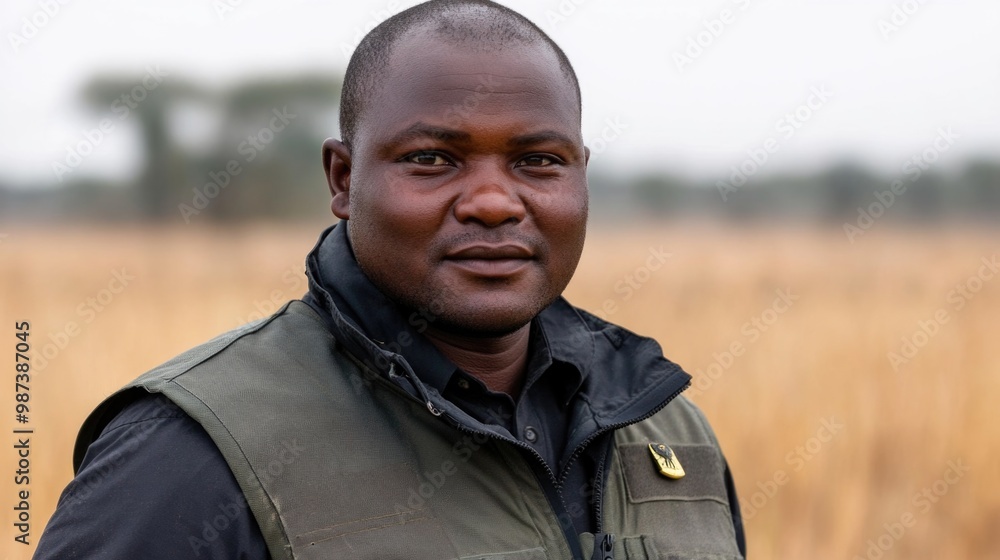 Wildlife conservationist observes and studies animals in a vast African landscape Wildlife conservationist observes and studies animals in a vast African landscape