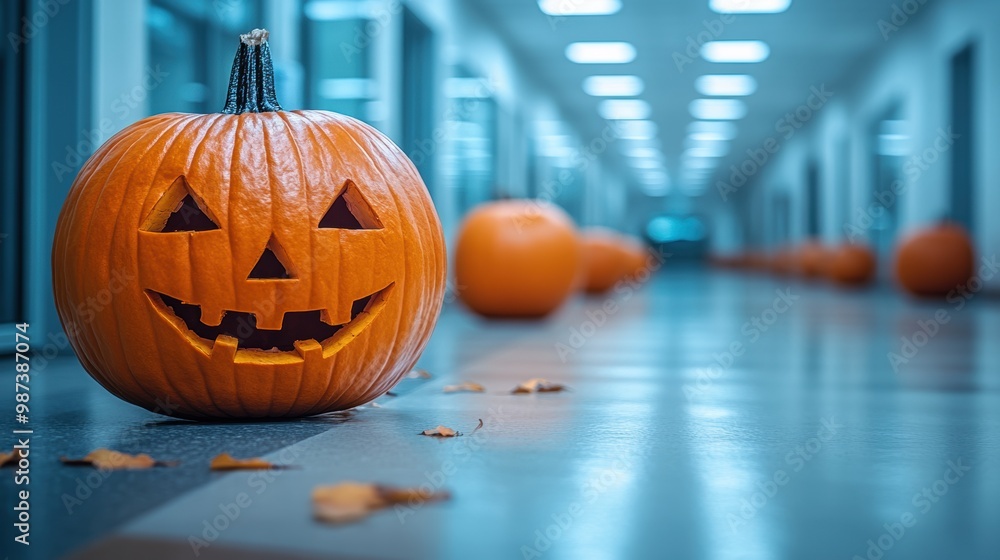 Brightly lit corridor decorated with glowing carved pumpkins featuring smiling faces, providing a festive and spooky Halloween atmosphere Brightly lit corridor decorated with glowing carved pumpkins featuring smiling faces, providing a festive and spooky Halloween atmosphere