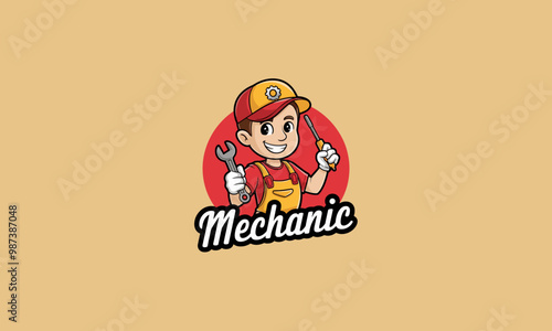 Cheerful mechanic holding wrench and screwdriver vector.