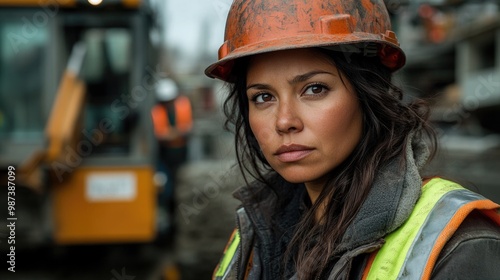 A full-figured Latina construction worker focuses intently on her tasks at the site