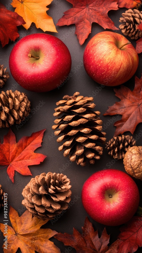 A charming autumn display showcases vibrant pumpkins and red apples surrounded by colorful leaves on a dark stone table, celebrating the fall season beautifully A charming autumn display showcases vibrant pumpkins and red apples surrounded by colorful leaves on a dark stone table, celebrating the fall season beautifully