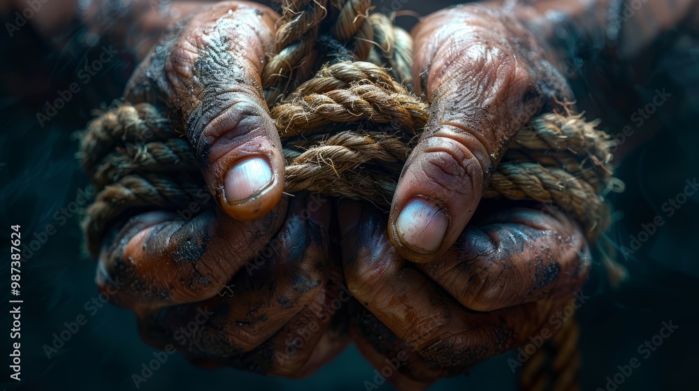 A laborer's hands, worn and dirty, tightly clutch a frayed rope, illustrating hard work and determination amid challenging conditions as dusk approaches A laborer's hands, worn and dirty, tightly clutch a frayed rope, illustrating hard work and determination amid challenging conditions as dusk approaches