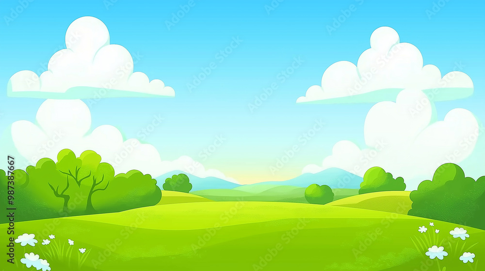 A cute cartoon vector illustration flat cartoon of Green meadow landscape and mini white flower,Green hills background . A cute cartoon vector illustration flat cartoon of Green meadow landscape and mini white flower,Green hills background .