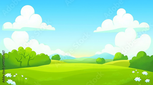 A cute cartoon vector illustration flat cartoon of Green meadow landscape and mini white flower,Green hills  background .