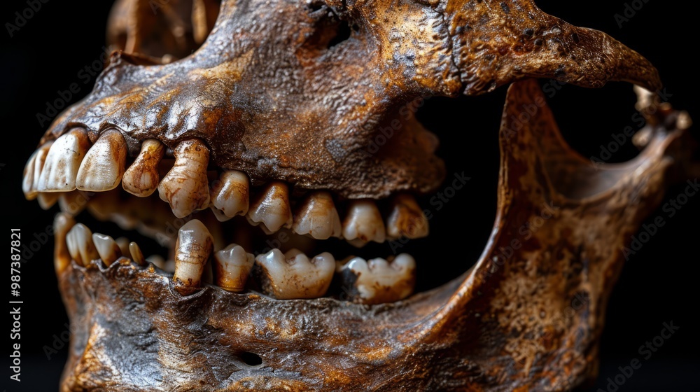 The jawbone of a human skull, showing a detailed view of its teeth. The teeth are worn down, suggesting a long life and a diet of tough foods The jawbone of a human skull, showing a detailed view of its teeth. The teeth are worn down, suggesting a long life and a diet of tough foods