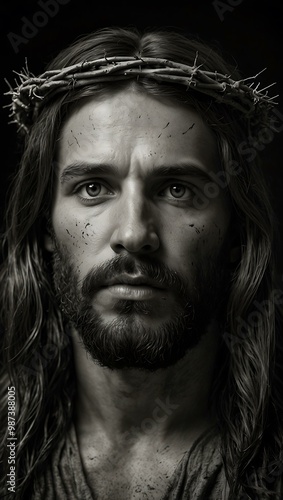 Hyper-realistic black-and-white portrait of Jesus with a crown of thorns.