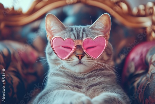 Adorable Cat with Heart-Shaped Glasses on Throne photo