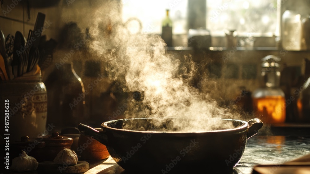 A close-up of smoke escaping from a bubbling cauldron in a kitchen, creating a sense of culinary magic and warmth, with ingredients in the background. A close-up of smoke escaping from a bubbling cauldron in a kitchen, creating a sense of culinary magic and warmth, with ingredients in the background.