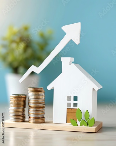 3D model of a house with rising light beams indicating increasing mortgage rates, symbolizing financial pressure.