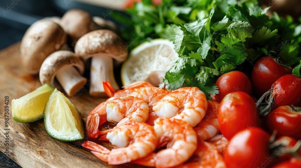A close-up of the vibrant ingredients used in tom yum goong, including shrimp, mushrooms, and herbs, beautifully arranged on a wooden board. A close-up of the vibrant ingredients used in tom yum goong, including shrimp, mushrooms, and herbs, beautifully arranged on a wooden board.