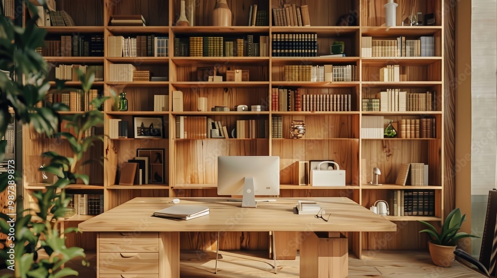 A modern and eco-friendly home office with a wooden desk and bookshelves lining the walls A modern and eco-friendly home office with a wooden desk and bookshelves lining the walls