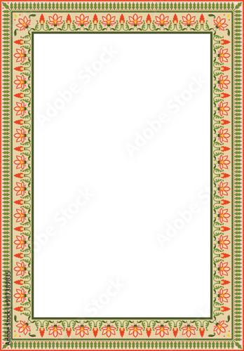 Vector square colorful Indian national ornament. Ethnic plant border. Flowers frame. Poppies and leaves