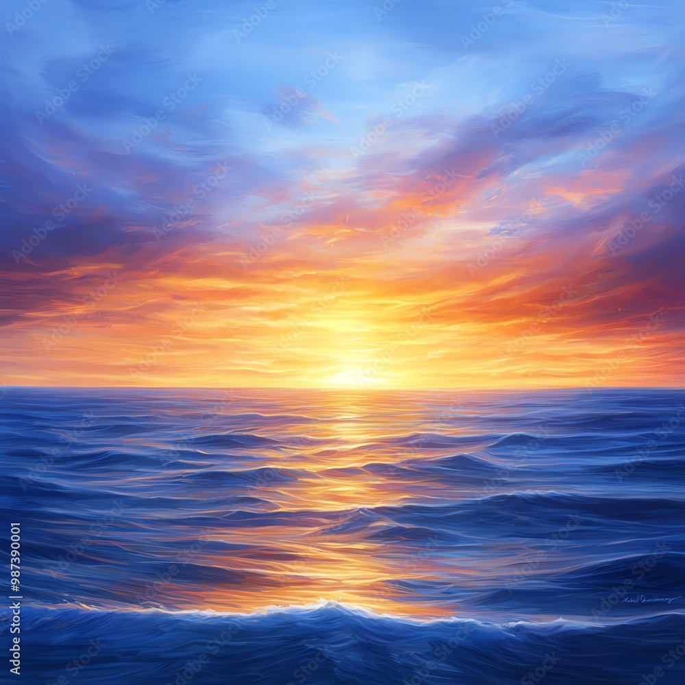 Fototapeta premium Peaceful sunset over the ocean with vibrant colors and calm waves.
