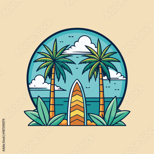 Tropical Beach Sunset with Palm Tree and Surfboards - Vector Illustration