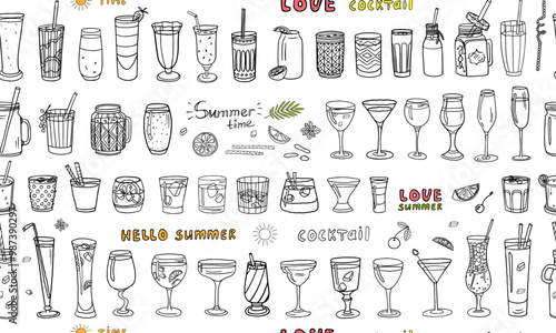 Seamless pattern of acoholic and non-acoholic cocktails with ice cubes, mint, fruits and text. Great for bar menu design, packaging. Vector illustration. Doodle style. Isolated on white background