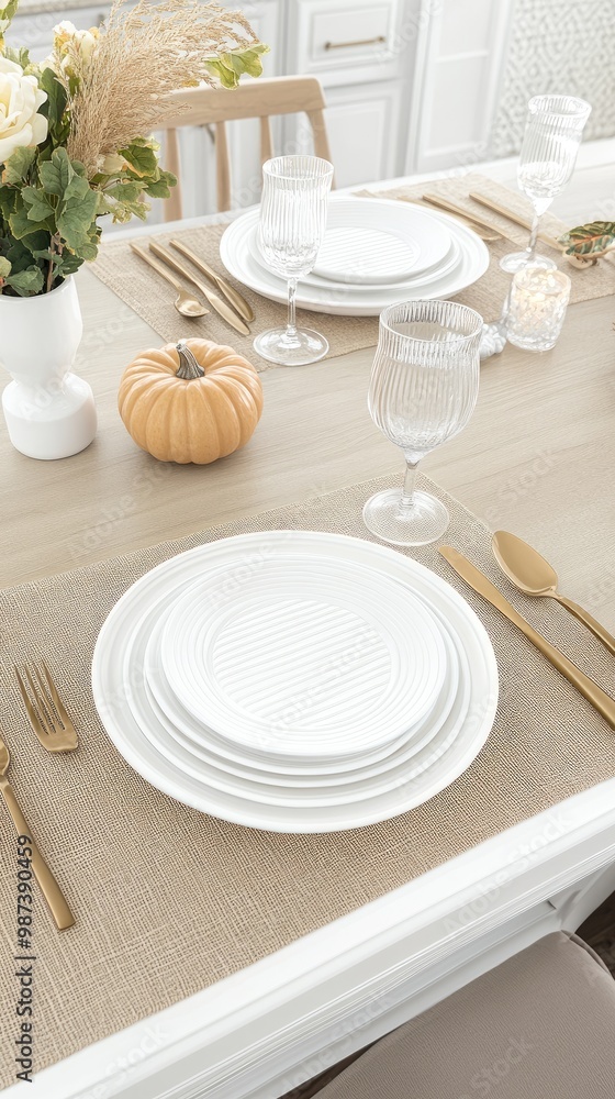 A charming table setting features a small white pumpkin and acorns on a plate, accompanied by a linen napkin atop a burlap runner, perfect for autumn gatherings A charming table setting features a small white pumpkin and acorns on a plate, accompanied by a linen napkin atop a burlap runner, perfect for autumn gatherings