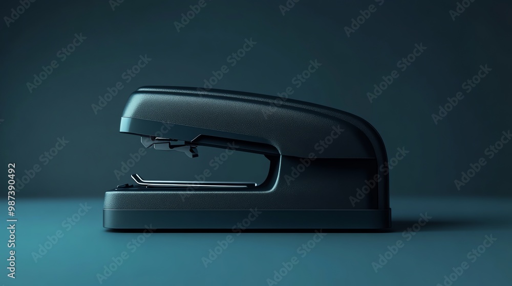 A black stapler on a teal background. A black stapler on a teal background.