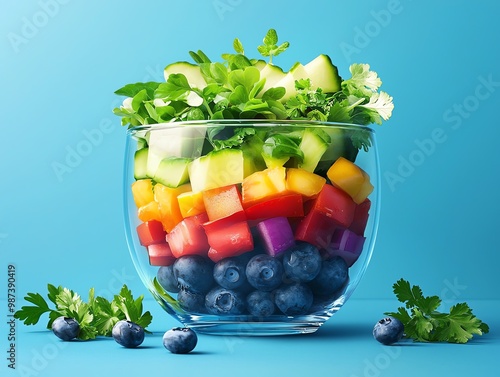 Rainbow salad with fresh vegetables and blueberries in a glass bowl.