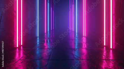 Neon lights casting vibrant hues in dark corridor